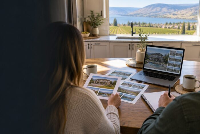 Couple reviewing printed home listings and a laptop at a kitchen table with vineyard views