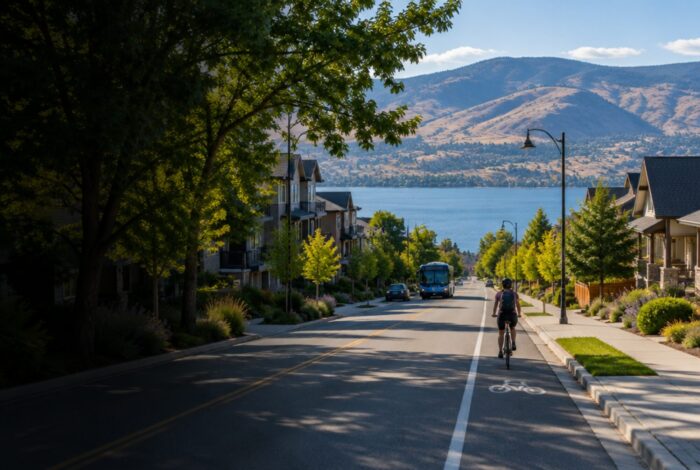 Residential street with townhomes, a cyclist in the bike lane and Okanagan Lake in the distance